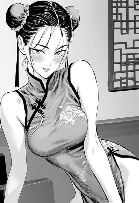 score_8_up, woman, breasts, black hair, bun, china dress, looking at viewer, seductive smile, blush, indoors, greyscale, <lora:OnePunchManStyle:1>