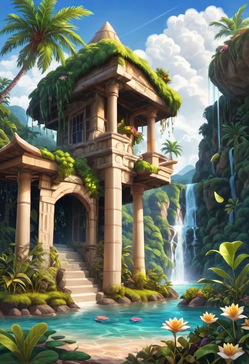 (masterpiece), realistic lighting,vivid color,ultra sharp,score_9, score_8_up, score_7_up, score_6_up, score_5_up, score_4_up,source_anime, realistic illustration, intricate details, hyperdetailed, extremely sharp,4k, (Kairunoburogu, by neocoill:0.5), Ink illustration, Ink illustration, a tree house, rustic, stilt house, on a beautiful tropical beach, surrounded by mountains, waterfalls, flagstone floor, wood, palm trees, streams, water lilies, natural pools, vibrant color palette, sunrise, hissing clouds