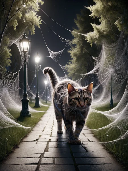 ais-webz cat, stalking through a park, at night <lora:Cobweb_Style_SDXL:1>