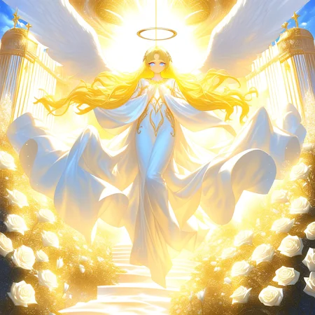 masterpiece, ultra detailed, epic, An angel girl, golden hair, heavenly eyes, dressed in a white, sparkling robe, floats serenely in a heavenly garden. All around her, white lilies and heavenly roses bloom, and a soft golden glow illuminates the scene. In the background, a city of gold and crystal can be seen, suspended among clouds.
