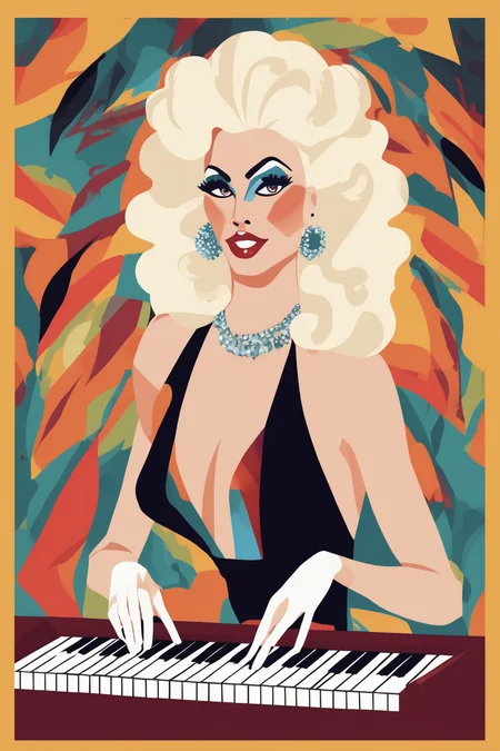 Josh Agle Style - a blonde drag queen in a big wig playing piano and singing. In the style of Josh agle.