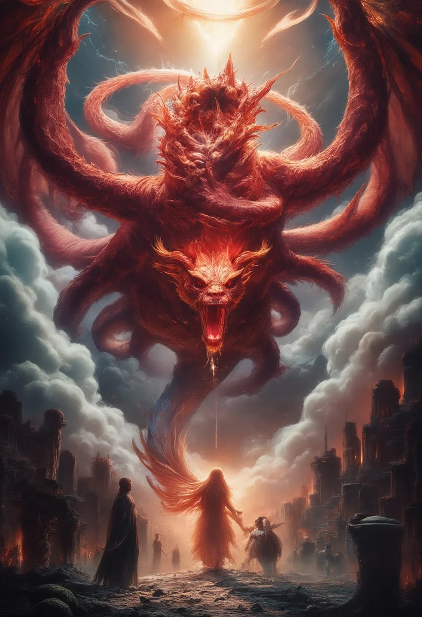 A massive, fiery red dragon, its seven crowned heads twisting in different directions, eyes burning with malice. Its ten jagged horns glisten with an eerie glow, while its wings stretch wide, blotting out the storm-filled sky. The air trembles as its enormous, serpentine tail lashes through the heavens, scattering celestial fragments like falling stars.
Surrounded by shattered ruins and swirling storms, the dragon looms over a mystical, radiant woman, its fanged maw open as if ready to strike. In the heavens, angelic warriors wielding blazing swords descend, their armor reflecting divine light as they charge against the ancient beast.
The dragon’s presence distorts reality—a swirling maelstrom of fire and shadow, its scales shimmering between the realms of existence. Thunder rumbles as the battle between light and darkness unfolds, an apocalyptic clash of cosmic forces.
Ultra-detailed, high fantasy, dark biblical mythology, cinematic lighting, hyper-realistic textures, divine vs. demonic contrast, epic celestial battle. dragon with seven heads.