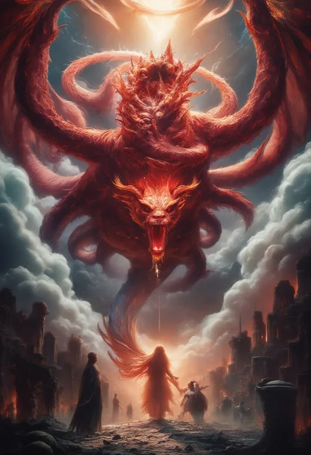 A massive, fiery red dragon, its seven crowned heads twisting in different directions, eyes burning with malice. Its ten jagged horns glisten with an eerie glow, while its wings stretch wide, blotting out the storm-filled sky. The air trembles as its enormous, serpentine tail lashes through the heavens, scattering celestial fragments like falling stars.
Surrounded by shattered ruins and swirling storms, the dragon looms over a mystical, radiant woman, its fanged maw open as if ready to strike. In the heavens, angelic warriors wielding blazing swords descend, their armor reflecting divine light as they charge against the ancient beast.
The dragon’s presence distorts reality—a swirling maelstrom of fire and shadow, its scales shimmering between the realms of existence. Thunder rumbles as the battle between light and darkness unfolds, an apocalyptic clash of cosmic forces.
Ultra-detailed, high fantasy, dark biblical mythology, cinematic lighting, hyper-realistic textures, divine vs. demonic contrast, epic celestial battle. dragon with seven heads.