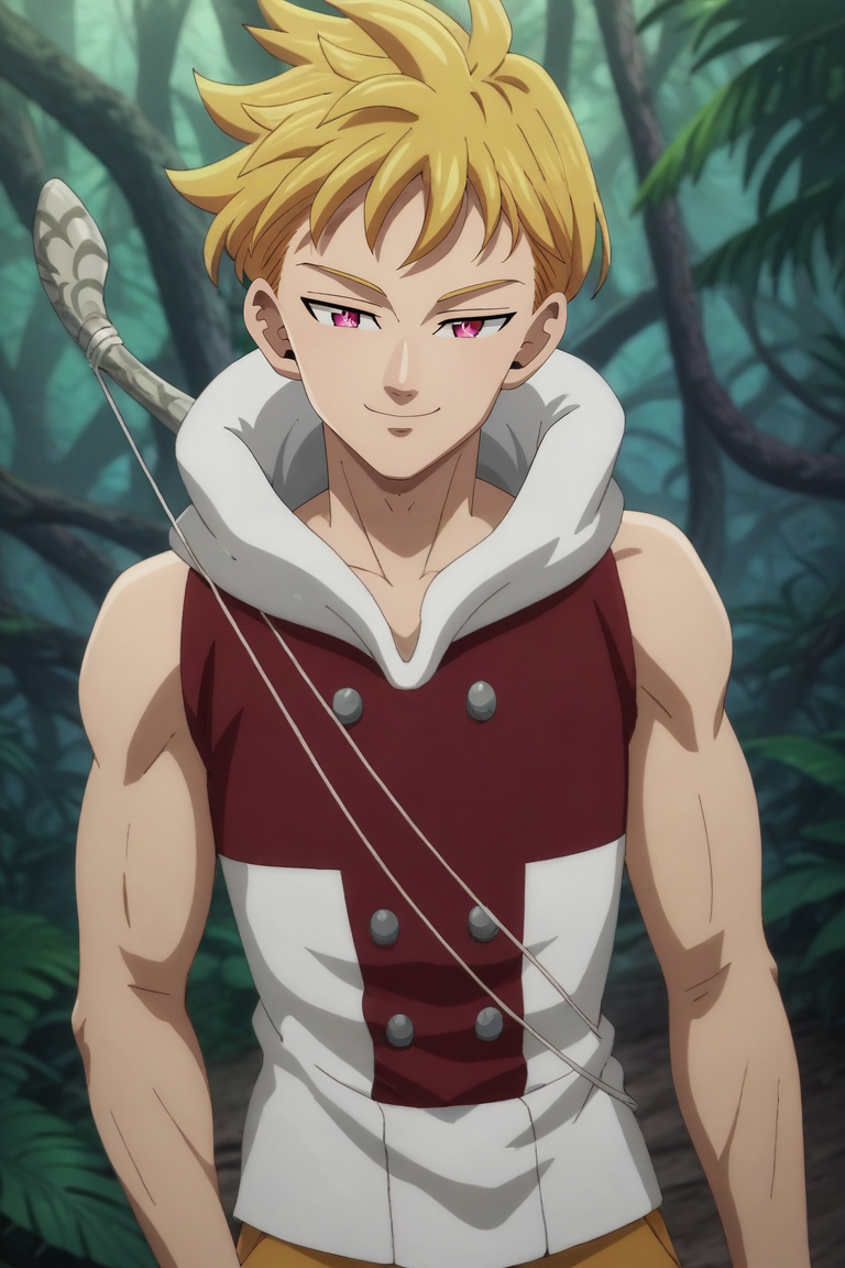 score_9, score_8_up, score_7_up, source_anime, rating_safe, , anime screencap, , official style, looking at viewer, , 1boy, solo, male focus, <lora:lancelot_nnt_mny_pony:1>, lancelot_nnt_mny, blonde hair, pink eyes, short hair, wide angle, wide shot, cowboy shot, jungle, noon, standing, half-closed eyes, smile, french costume, <lora:sdxl_lightning_8step_lora:1>