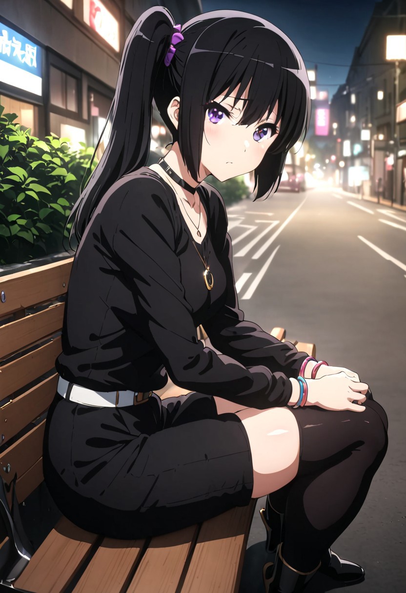 masterpiece, best quality, ultra detailed, highres, 4k, (ultra-detailed:1.4) (illustration:0.5), (ray tracing, :0.8), (anime colored:0.7), (ai-generated:0.5), 1girl, solo, shy, blushing, <lora:kousakareina3.1XL1:1.0>, black hair, sideponytail, purple eyes, black shirt, black short pants, black thighhigh, necklace, neck bracelet, black high heels boots, looking at viewer, street, night, sitting on bench, from side, 
<lora:euphoniumcharacterXL1:1>, euphoniumcharacter, kousakareina