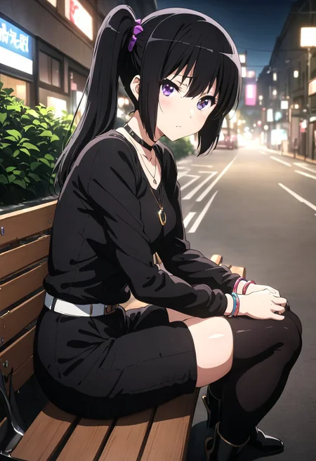 masterpiece, best quality, ultra detailed, highres, 4k, (ultra-detailed:1.4) (illustration:0.5), (ray tracing, :0.8), (anime colored:0.7), (ai-generated:0.5), 1girl, solo, shy, blushing, <lora:kousakareina3.1XL1:1.0>, black hair, sideponytail, purple eyes, black shirt, black short pants, black thighhigh, necklace, neck bracelet, black high heels boots, looking at viewer, street, night, sitting on bench, from side,
<lora:euphoniumcharacterXL1:1>, euphoniumcharacter, kousakareina