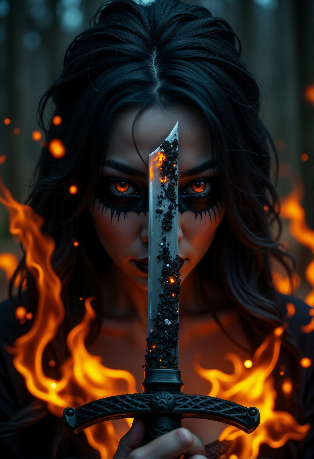 Horror-themed сlose-up. The battle witch. (katana flaming sword in front of you, shiny metal:1.3). (black gaping eyes, fire in the eyes:1.2). (black-fire pupils:1.2). Black veins, black lips and black mouth paint. Pale gray face, pale dry lips. Glare, flying particles of flame and embers. Scary and mystical atmosphere.
 <lora:DarksunRiddV4:1> 
<lora:New_Fantasy_CoreV4_FLUX:1>
 <lora:FL-bailing-24-0906Fire Spirit:0.7> bailing_fire, A girl made entirely of flames stands. Eerie, unsettling, dark, spooky, suspenseful, grim, highly detailed