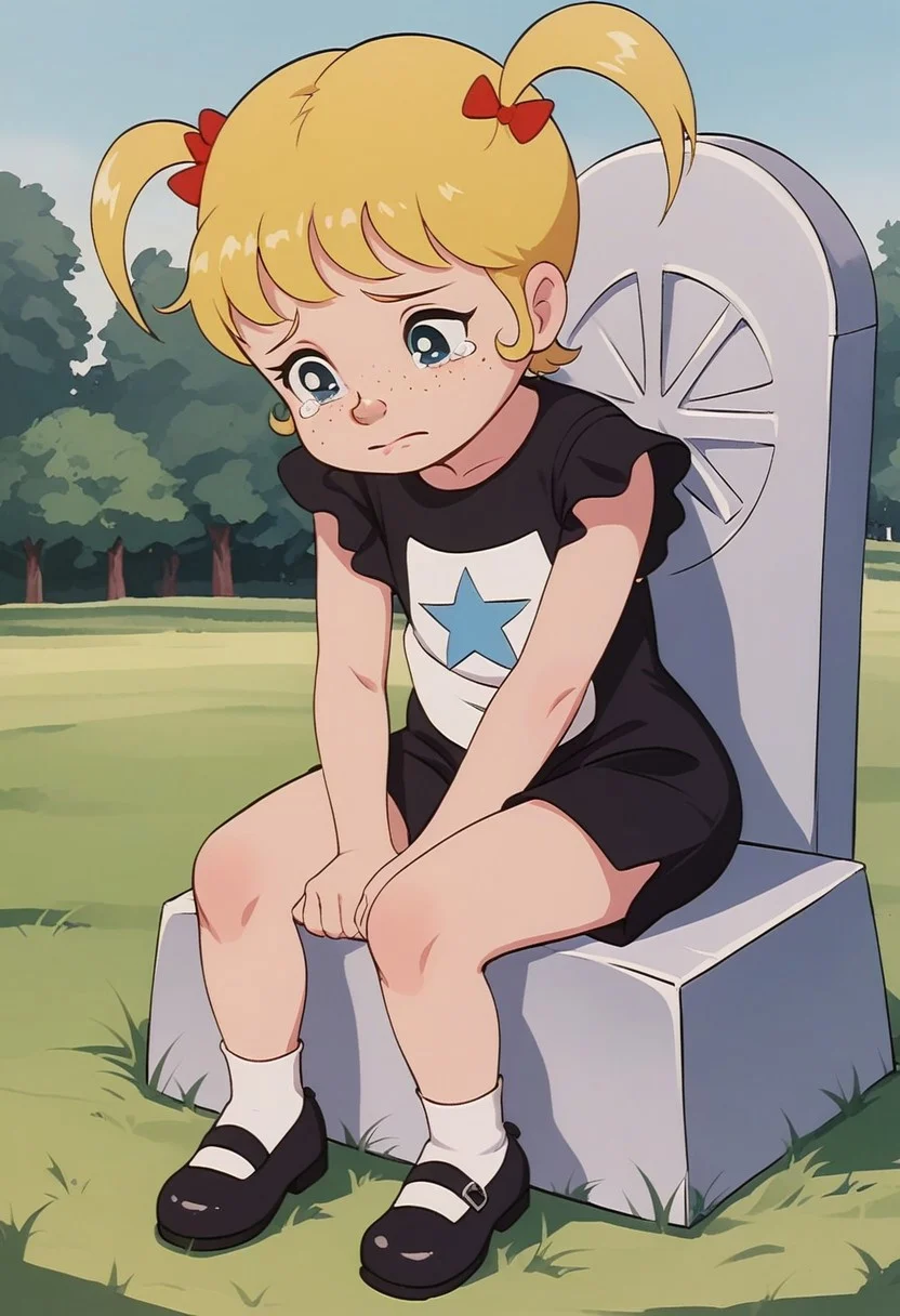 score_9, score_8_up, score_7_up, score_6_up, BREAK, ApoMMXL, blue eyes, blonde hair, short hair, bangs, twintails, black hair bow, freckles, female child, flat chest, black dress, mourning, sad, tears, sitting on tombstone, short sleeves, black shorts, black shoes