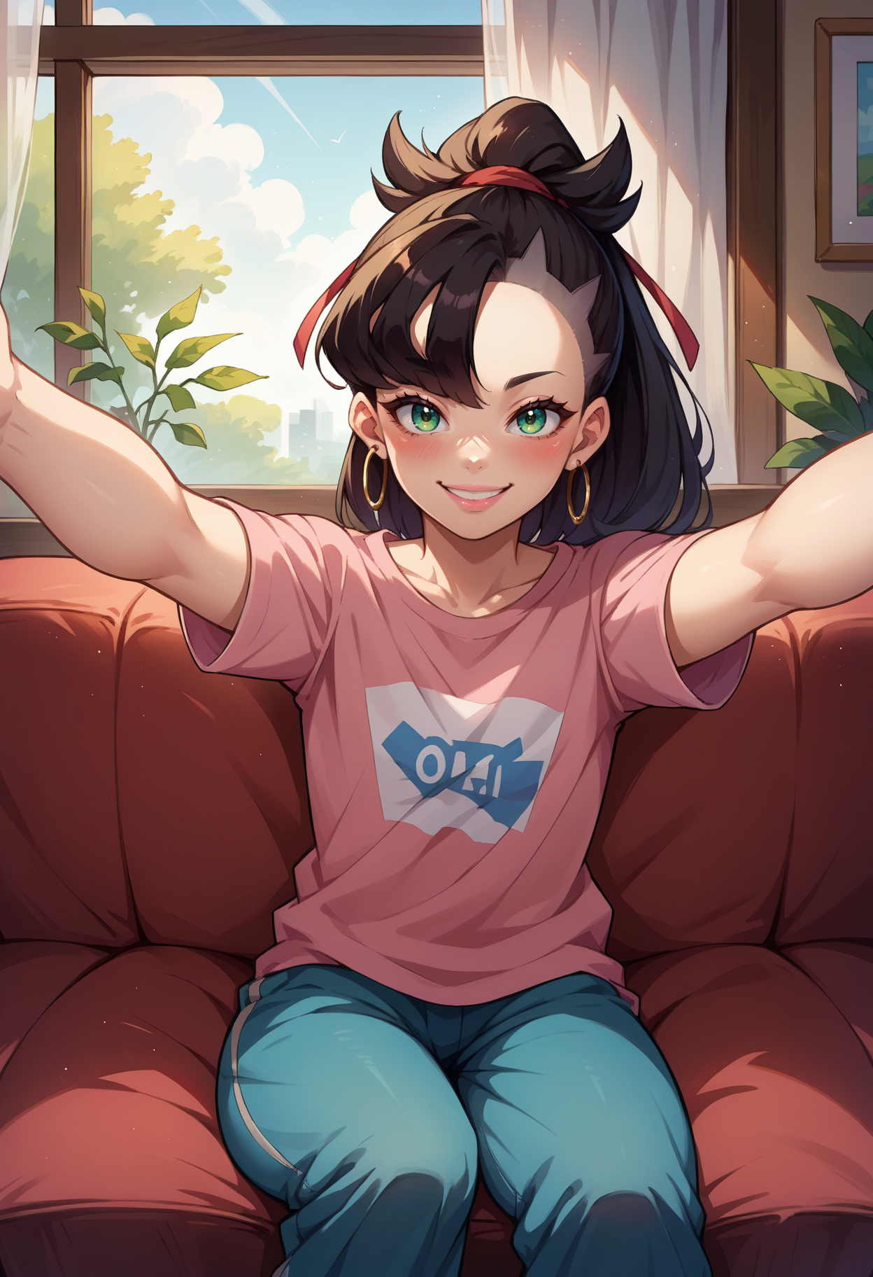 score_9, score_8_up,score_7_up, source_anime, rating_safe, 1girl, solo,<lora:EPpkMarnie:1>, black hair, hair ribbon, green eyes, high ponytail, asymmetrical bangs, red ribbon, 
Mary,
hoop earrings, pink lips, pink t-shirt, baggy pants, outstretched arms, blush smiling, sitting on couch, in living room, looking at viewer, pov, incoming hug,