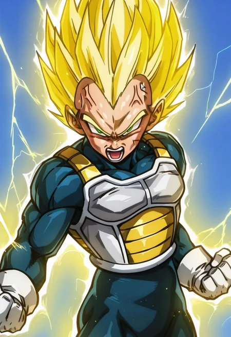 masterpiece, best quality, solo, yellow aura, solo, looking at viewer, open mouth, blonde hair, gloves, 1boy, green eyes, male focus, white gloves, armor, bodysuit, muscular, blue background, facial mark, spiked hair, anger vein, angry, clenched hands, veins, aura, super saiyan, saiyan armor, vegeta, lightning,