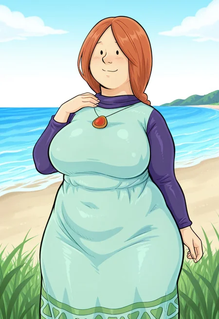 score_9, score_8_up, score_7_up, high quality, 1girl, solo, background is coast, shoreline, beach, ocean, 1girl, solo, clouds, grass patches,
BREAK
ylvavv, beady eyes, looking at viewer, smile, blush, red hair, long hair, single braid, dress, long sleeves, large breasts, plump, wide hips,