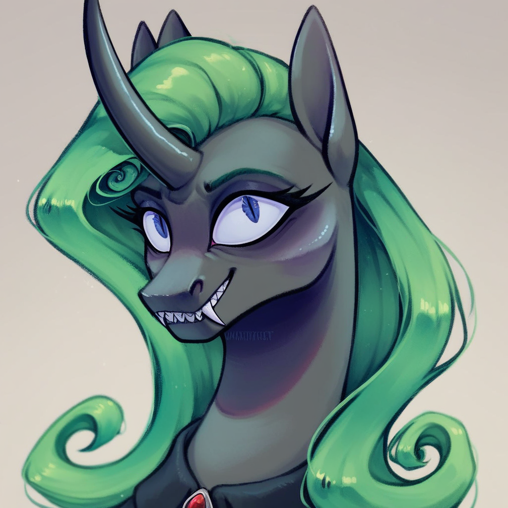 masterpiece, score_9_up, score_8_up, score_7_up, score_6_up, (best quality:1.1), ultra-detailed, high resolution, 1character, Aurantia, changeling queen oc, mlp, feral, black skin, portrait, long mint-green mane, (((beautiful detailed dark blue eyes))), long eyelashes, madness eyes, ears, predatory smile, grin, sharp teeth, fangs, single horn, detailed facial features, portrait, expressiveh, simple background, highly visible, sharp focus, anatomically correct