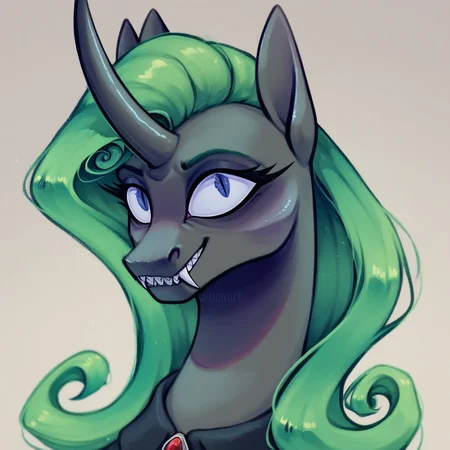masterpiece, score_9_up, score_8_up, score_7_up, score_6_up, (best quality:1.1), ultra-detailed, high resolution, 1character, Aurantia, changeling queen oc, mlp, feral, black skin, portrait, long mint-green mane, (((beautiful detailed dark blue eyes))), long eyelashes, madness eyes, ears, predatory smile, grin, sharp teeth, fangs, single horn, detailed facial features, portrait, expressiveh, simple background, highly visible, sharp focus, anatomically correct