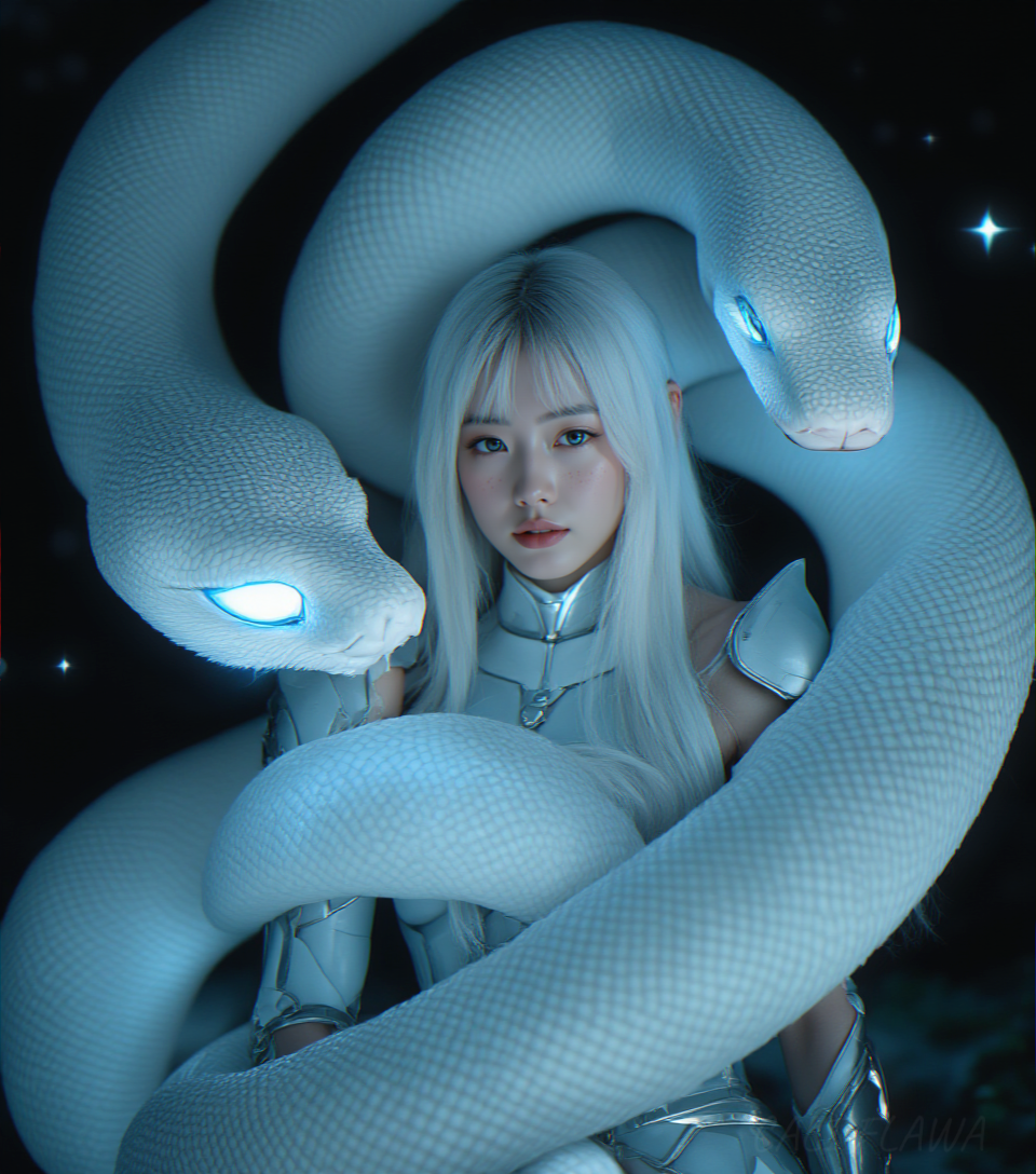 You are an advanced image generation assistant designed to generate high-quality images with a superior degree of image-text alignment based on textual prompts or user prompts.
<Prompt Start> 
The photo has a cinematic feeling with deep color, soft lighting, professional color grading and a film like quality.
The image uses depth of field to enhance the filmic quality.
<Basic Information>
A fashion photo of a young freckled Japanese woman.
<Detailed Information>The image depicts a serene and mystical scene featuring a character surrounded by a large, white snake. The character has long, flowing white hair and is dressed in a futuristic, armored outfit. The snake, which has a glowing blue eye, wraps around the character, creating a sense of unity and harmony. The background is dark, with faint stars or sparkles, enhancing the ethereal atmosphere. The overall aesthetic combines elements of fantasy and sci-fi, with a focus on the intricate details and glowing features of both the character and the snake.