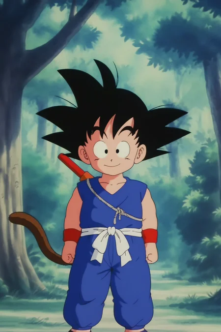 source_anime, score_9, score_8_up, score_7_up, anime screencap,8k, absurd res,
son goku, solo, looking at viewer, smile, black hair, 1boy, closed mouth, standing, tail, full body, weapon, male focus, outdoors, black footwear, black eyes, tree, spiked hair, red wristband, nature, clenched hands, forest, arms at sides, dougi, white sash, arms by side, blue topwear, raised eyebrows, monkey tail, blue pants, shoes, male child, nyoibo, weapon on back, chibi, sleeveless
<lora:gokudb_pony_v2:0.8>