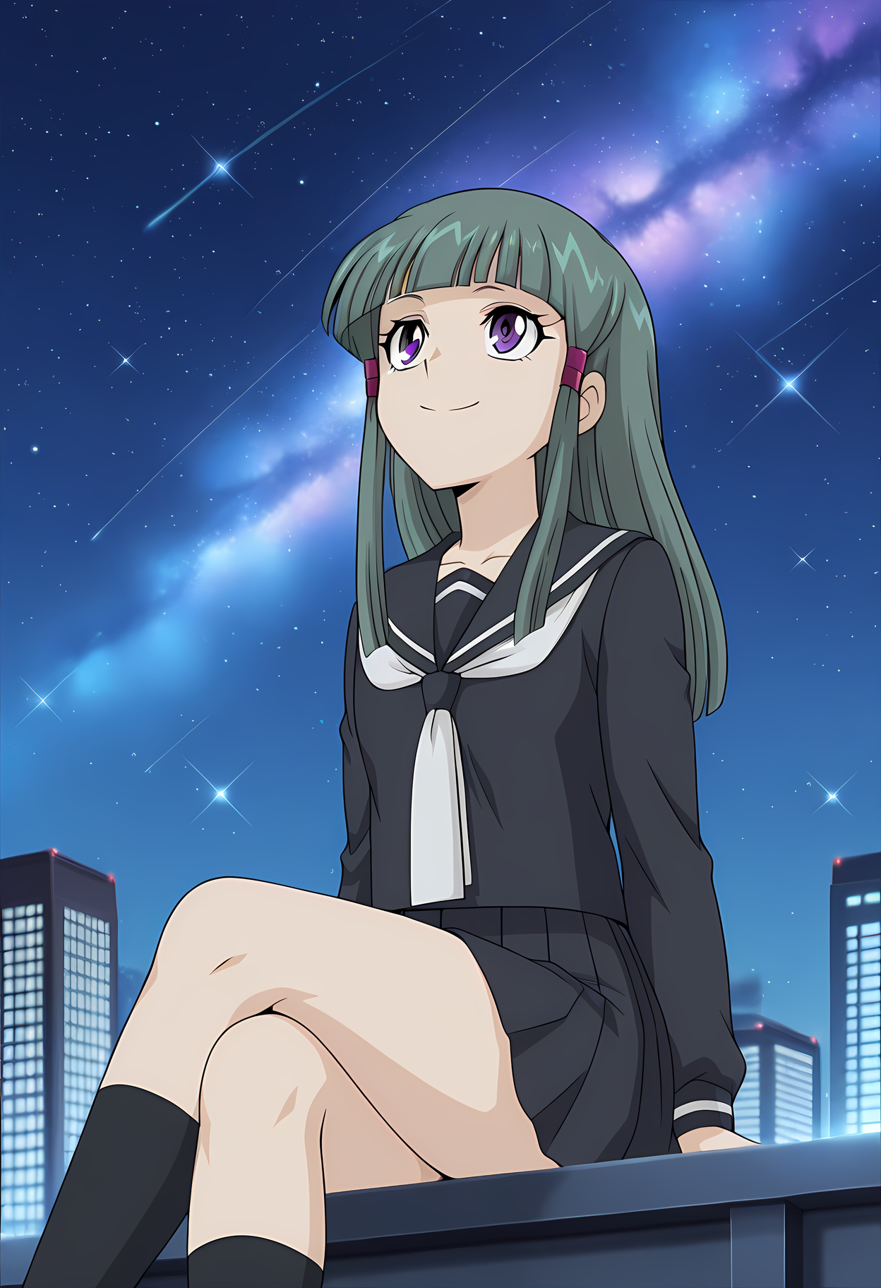 masterpiece,best quality,amazing quality,

1girl, solo,

Mai Tobita (Cardfight Vanguard), green hair, long hair, blunt bangs, purple eyes, school uniform, black serafuku, skirt, 

looking up, stargazing, smile,

cinematic, cross legs, crossing legs, 

Outdoors, On top skyscraper, star (sky), galaxy,

Lens flare, bloom,

Official style, anime screencap, anime coloring,














