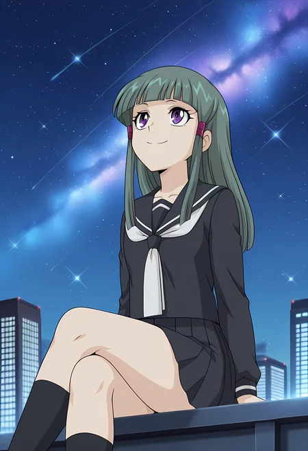 masterpiece,best quality,amazing quality,
1girl, solo,
Mai Tobita (Cardfight Vanguard), green hair, long hair, blunt bangs, purple eyes, school uniform, black serafuku, skirt,
looking up, stargazing, smile,
cinematic, cross legs, crossing legs,
Outdoors, On top skyscraper, star (sky), galaxy,
Lens flare, bloom,
Official style, anime screencap, anime coloring,