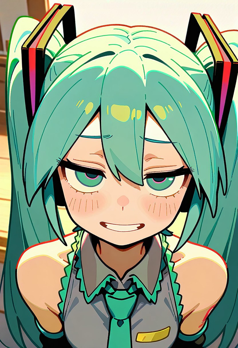 masterpiece,best quality,absurdres, amazing quality, hi res, masterpiece, best quality, detailed, amazing quality, detailed face, detailed eyes, clean eyes, best quality, highres, very aesthetic, newest, ultra-detailed, illustration, (best quality:1.1),ultra-detailed, high resolution, super detailed skin, beautiful detailed eyes, nsfw, Brightly Lit, Highly Visible, 8k, sharp focus, beautiful, perfect lighting, beautiful eyes, anatomically correct, anatomically correct face, extremely detailed eyes, smooth edges, beautiful face, symmetrical eyes, symmetrical face,
BREAK  Little_netizen, disdainful eyes, 1girl, hatsune miku, close up, portrait