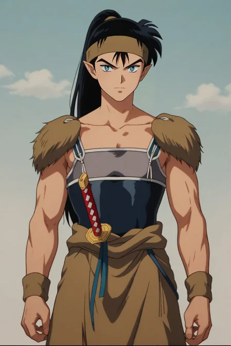 score_9, score_8_up, score_7_up, source_anime, rating_safe, intricate details, (3d:0.4), looking at viewer, , 1boy, solo, male focus, <lora:kouga_inuyasha_pony:0.74>, kouga_inuyasha, black hair, blue eyes, long hair, ponytail, pointy ears, headband, armor, sword, sheath, , , panama hat, <lora:sdxl_lightning_8step_lora:1>
