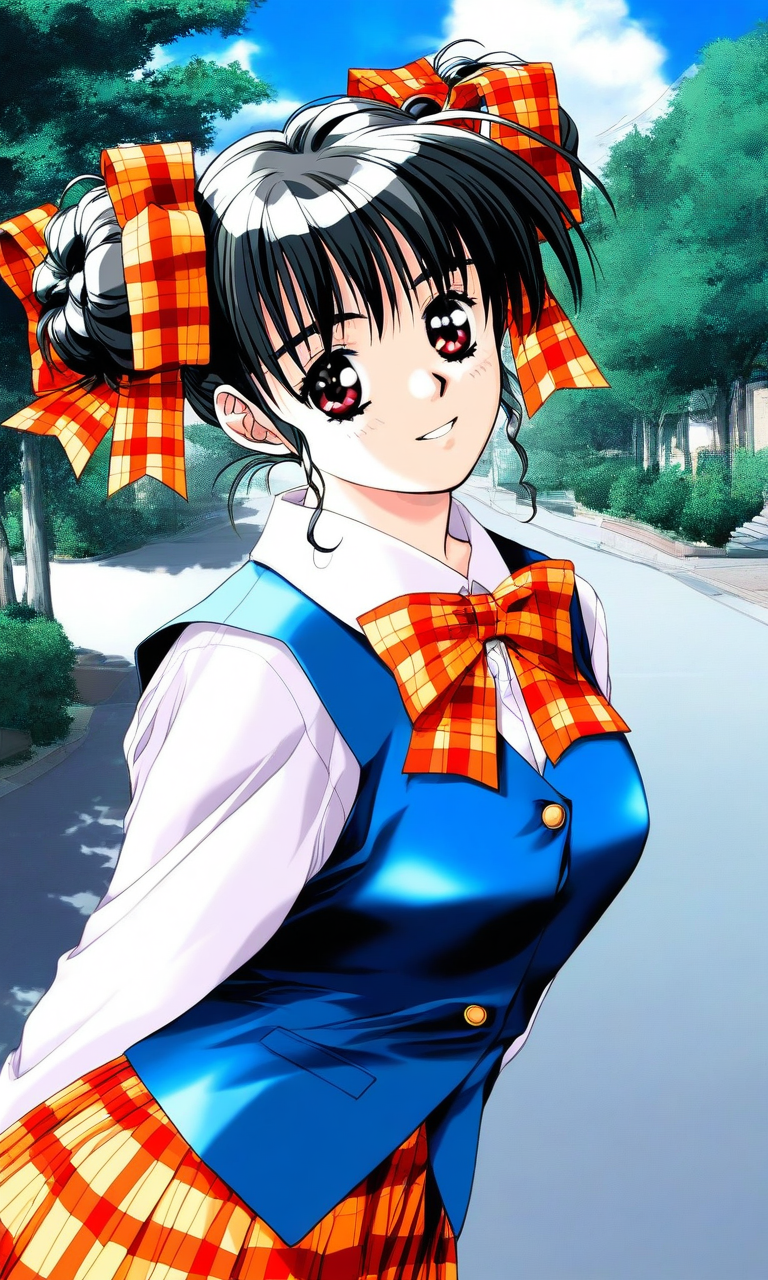 general,highres, ultra-detailed,very aesthetic,best quality ,best hands, BREAK <lora:Narusawa_Yui_Doukyuusei2_IS:1>
Narusawa_Yui(Doukyuusei2), 1girl, solo, black hair, double bun, hair ribbon, plaid ribbon, breasts, red eyes,
long sleeves, school uniform, orange Yellow plaid skirt, blue vest, buttons,pleated skirt,
parted lips,
shiny clothes,day,sky,nature,street,arms_behind_back,upper_body,from_side,looking_at_viewer,smile,