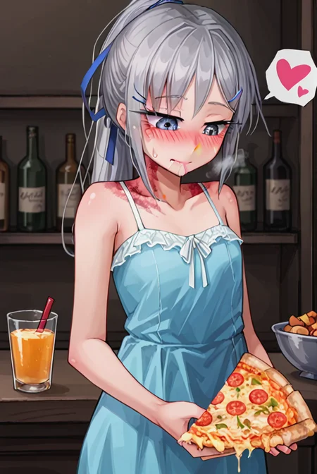 score 9,score 8 up,score 7 up,rating questionable,detailed background,aroused,cinematic lighting,dynamic lighting,uncensored,
,sylvie <lora:sylvie.pony:1>
steaming body,sensual,alluring,sweatdrop,heavy breathing,(spoken heart),silver hair, ponytail,blue ribbon,
blue-dress,sleeveless,
hud_e4ting,holding pizza slice,holding food,eating,<lora:eating_slice_of_pizza:0.6>,closed mouth,
Intimate Portuguese Fado Bar,softly glowing lanterns and flickering candles,saliva,half-closed eyes, looking down,