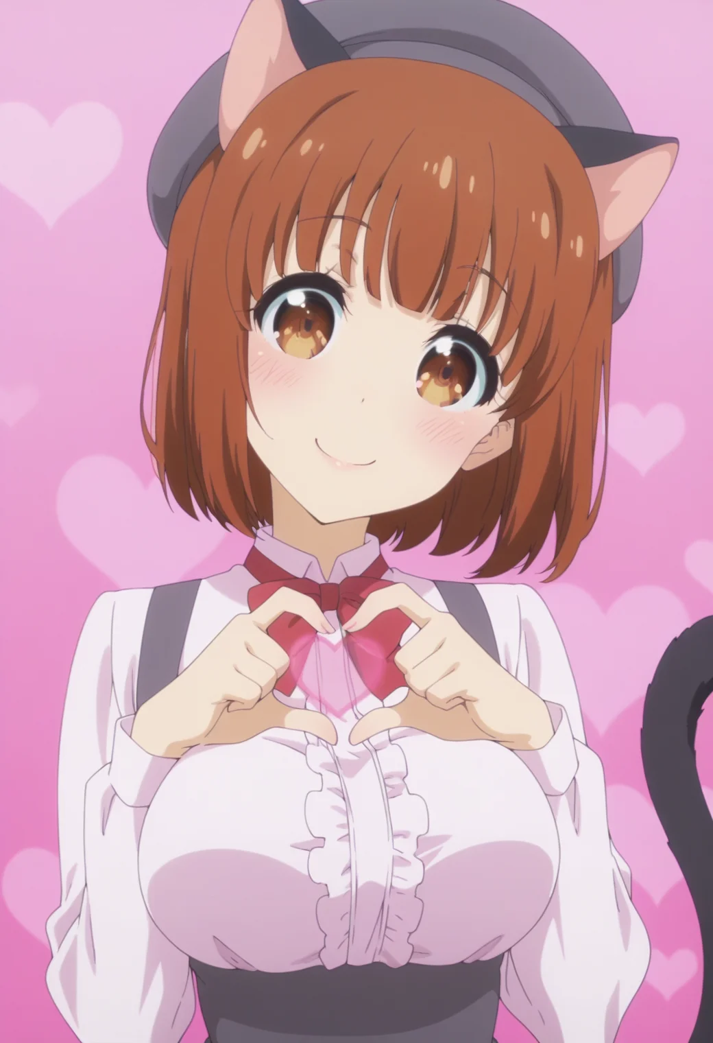 anime screencap, anime coloring,  <lora:DX888Yui:1> nekohime, brown eyes, brown hair, bob cut, blunt bangs, cat ears, cat tail BREAK    beret, black skirt, hat, loafers, pantyhose, shirt, suspender skirt, collared shirt, bowtie, white pantyhose, white shirt, long sleeves, BREAK simple background, pink background,  mosaic background, BREAK     1girl, blush, breasts,  hands up, (head tilt:1.2), heart hands, looking at viewer, portrait, solo, upper body,  4-finger heart hands, smile