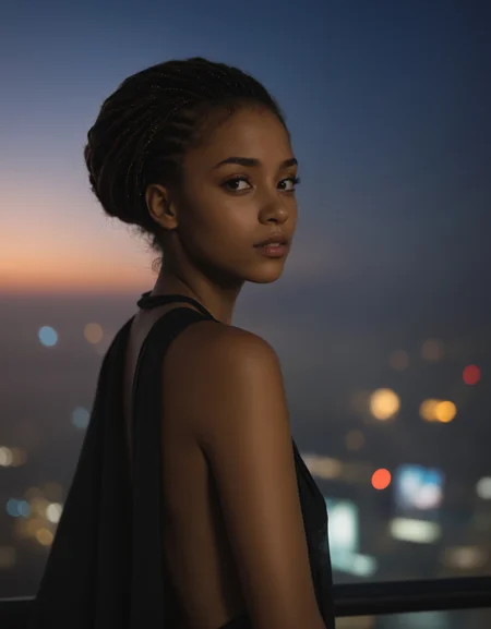 award winning photo of a beautiful young woman in a majestic penthouse at night overlooking a glamorous city, zavy-cnmtc, atmospheric haze, multicolored hair, dynamic lighting, cinematic still, dark skin, movie screencap, (freckles), contemplative, smirk, piercing blue eyes, extremely long hair, sleek hair, portrait, dynamic pose, bathrobe, sleek hair,