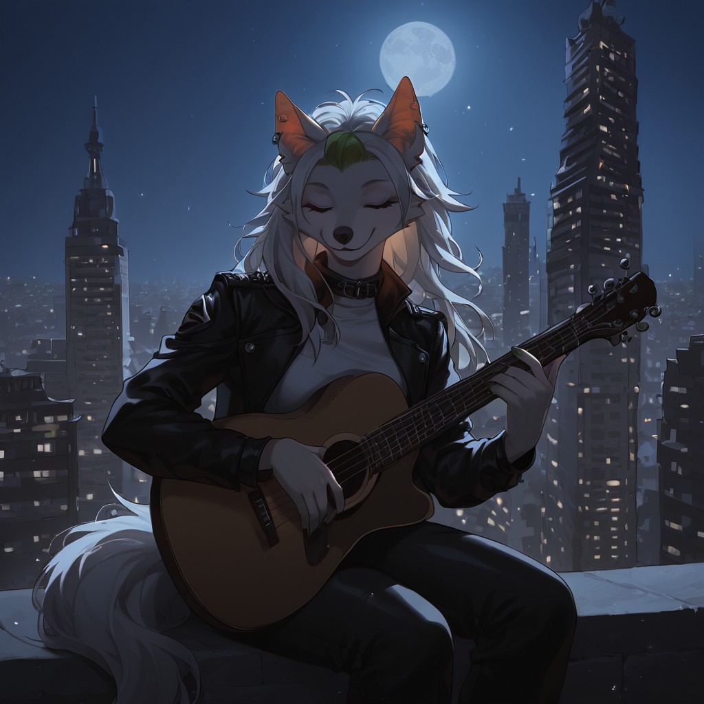 score_9, score_8_up, score_7_up, masterpiece, best quality, good quality, highly detailed, absurdres, anime style, dark theme, low light, Expressiveh, detailed background, night city, night sky, city lights, moon, 1 girl, solo, Roxymayosplash, anthro wolf, hourglass figure, green bangs, crop top, black leather jacket, leather pants, sitting on concrete block, acoustic_guitar, playing_instrument, closed eyes,  smile