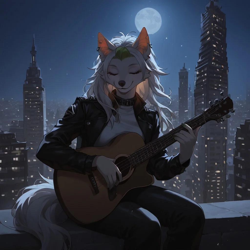 score_9, score_8_up, score_7_up, masterpiece, best quality, good quality, highly detailed, absurdres, anime style, dark theme, low light, Expressiveh, detailed background, night city, night sky, city lights, moon, 1 girl, solo, Roxymayosplash, anthro wolf, hourglass figure, green bangs, crop top, black leather jacket, leather pants, sitting on concrete block, acoustic_guitar, playing_instrument, closed eyes, smile