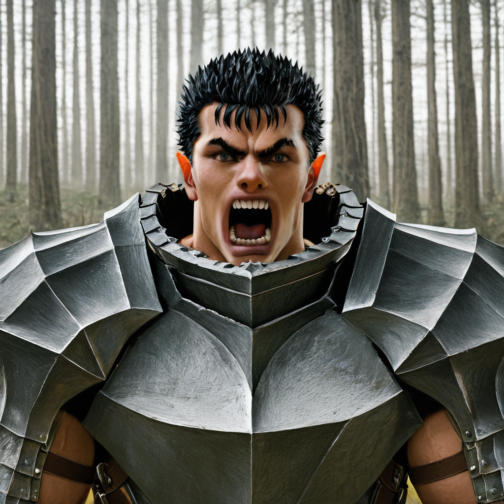 sfw, masterpiece, best quality,absurderes,source_photo,cinematic,realistic,photo,cropped,upper body, 1boy,solo,guts \(berserk\),armor,yelling,outdoors,forest,trees  <lora:Reallustrious_Beta:0.8>