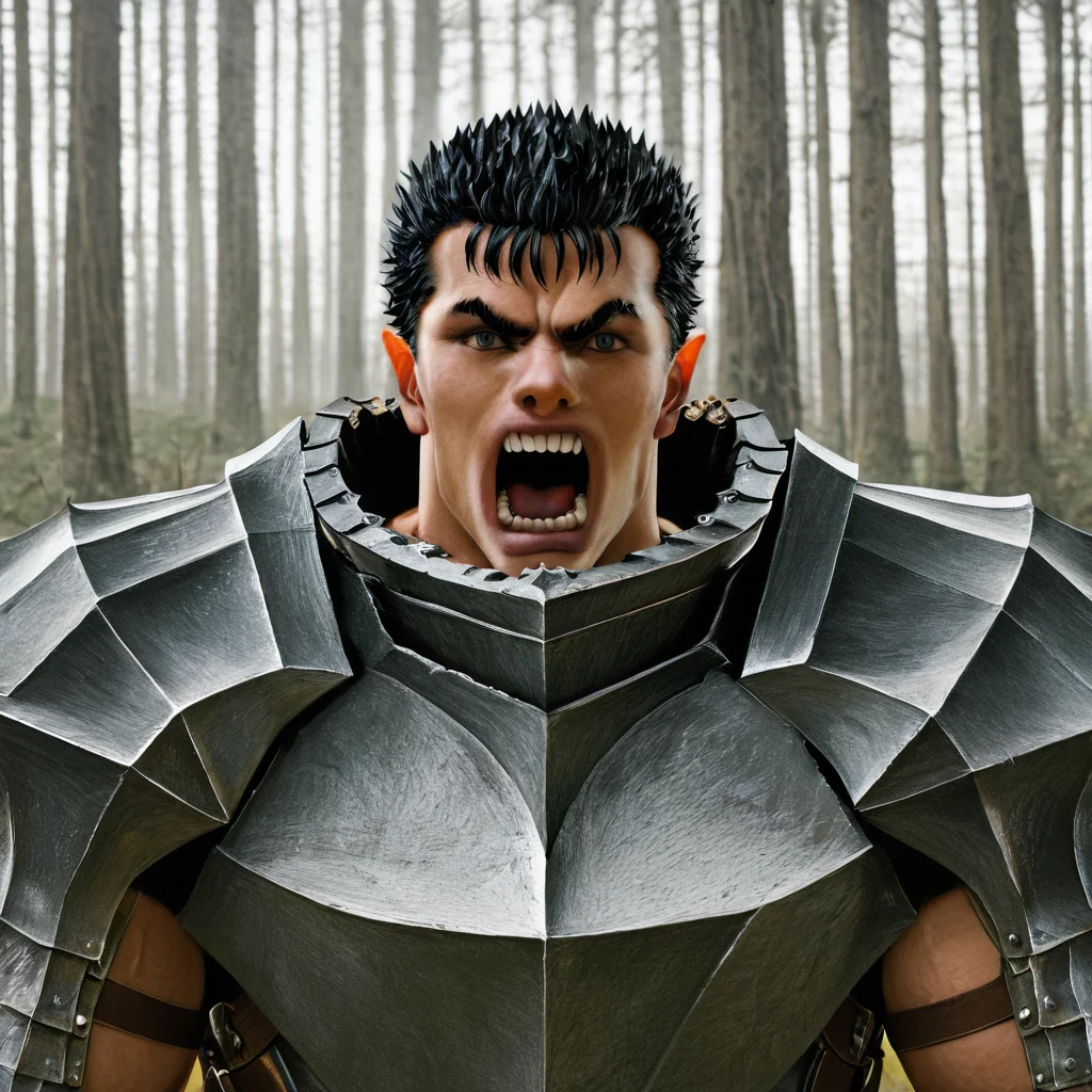 sfw, masterpiece, best quality,absurderes,source_photo,cinematic,realistic,photo,cropped,upper body, 1boy,solo,guts \(berserk\),armor,yelling,outdoors,forest,trees  <lora:Reallustrious_Beta:0.8>