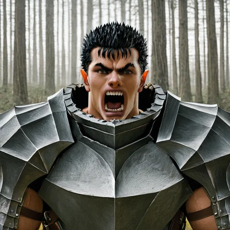 sfw, masterpiece, best quality,absurderes,source_photo,cinematic,realistic,photo,cropped,upper body, 1boy,solo,guts \(berserk\),armor,yelling,outdoors,forest,trees <lora:Reallustrious_Beta:0.8>