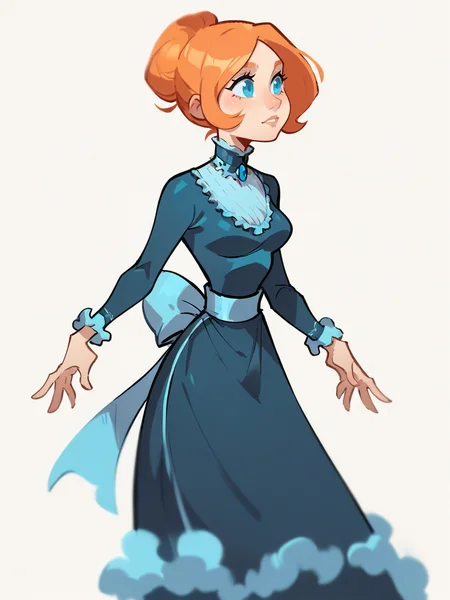 score_9, score_8_up, score_7_up, score_6_up, score_5_up, <lora:JessicaCXLP:1> jessicac, 1girl, solo, orange hair, dress, blue eyes, white background,