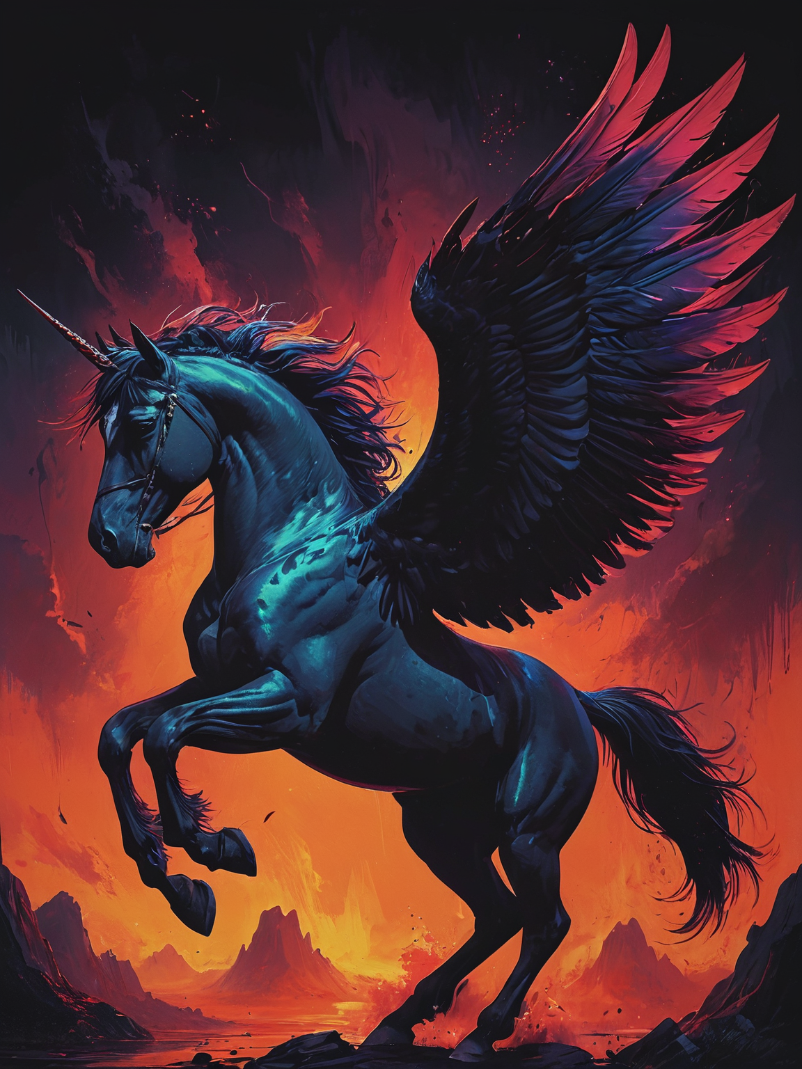 impactful color paint of Beautiful pegasus, flying horse with large wings and feathers. Dark pegasus with a horn. Painting, concept art, cinematic light, background, wallpaper, illustration,  <lora:Bold_Pop:0.6> ...........  highly detailed, vibrant colors , 8k, sharp, professional, clear, high contrast, high saturated, , vivid deep blacks, crystal clear