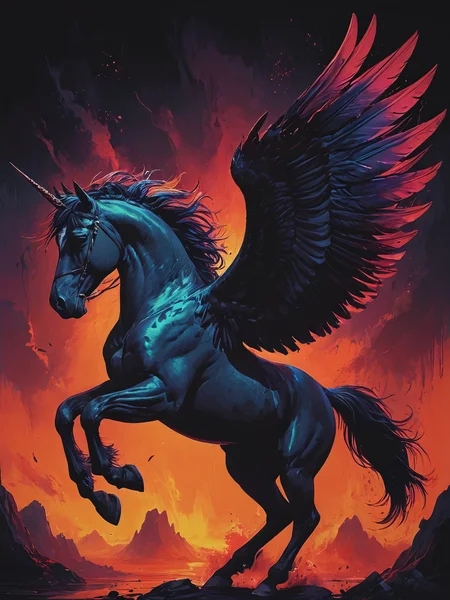 impactful color paint of Beautiful pegasus, flying horse with large wings and feathers. Dark pegasus with a horn. Painting, concept art, cinematic light, background, wallpaper, illustration, <lora:Bold_Pop:0.6> ........... highly detailed, vibrant colors , 8k, sharp, professional, clear, high contrast, high saturated, , vivid deep blacks, crystal clear