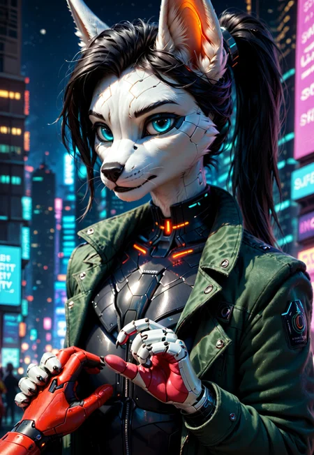 score_9, score_8_up, score_7_up, score_6_up, photorealistic, epiCPhotoGasm-colorfulPhoto, Realistic, highres, super high resolution, 8k, photo, furry, Furry, anthro, fur, male, fennec, brown fur, implanted eyes, robot face, robot face, he has silver plate on the head,  implanted forehead, blue glowing eyes, metal head, silver forehead, metal eyes, sad, long black hair gathered in a long ponytail, ponytail, the sides of the head are clean-shaven, black hair, metallic head, silver thin helmet, metal face, he has implanted face, close-up, long dark green thick coat, green coat,  black leather shirt, black tight pants, long black hair, implants, implant eye, robot, furry,  cyberpunk, night, cyber city, cyberpunk city, metallic eyes, metallic fur, robot, thin body, night, city, cyberpunk city, cyberpunk, realistic, detailed, detailed fur,  he holding the hand of the viewer, holding viewer hand,