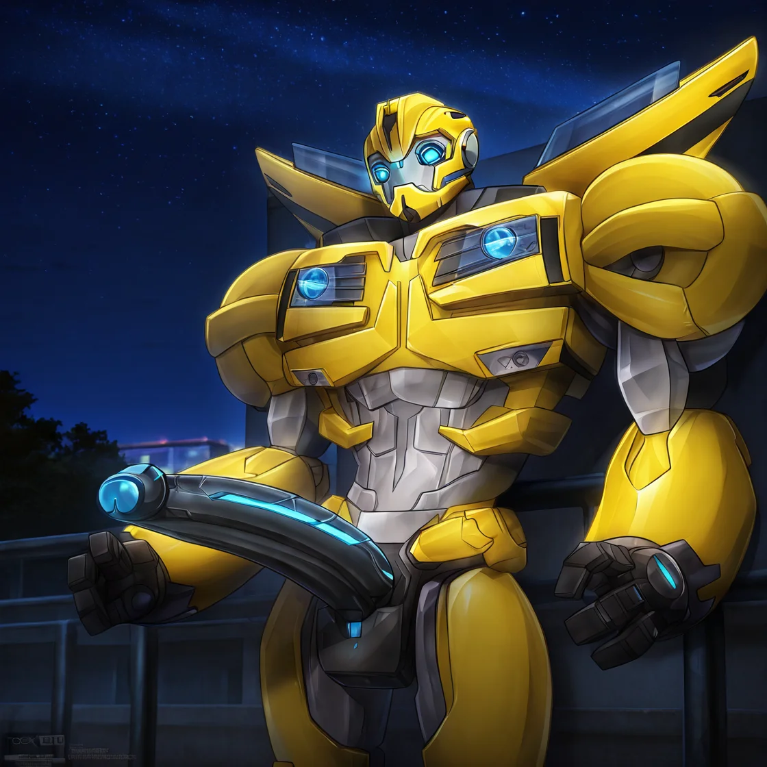 <lora:Bee:1> bee, robot, blue eyes, mecha, solo, 1boy, huge neon penis, shrugging, masterpiece, absurdres, dark, night sky, <lora:Todex-Illustrious:1> todex, t0dex, male