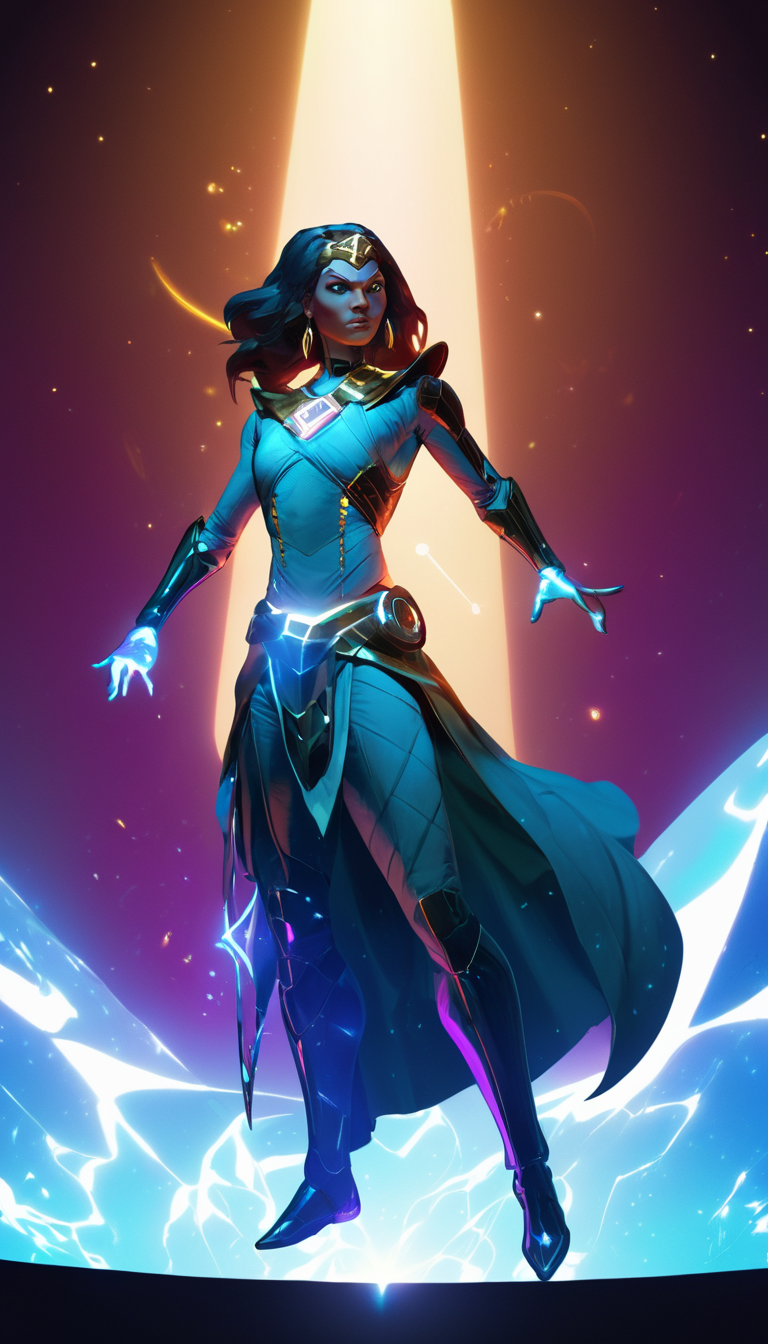 hologram of Cinematic scene, hero view, d4s sorceress, action pose, detailed background, masterpiece, best quality, high quality, absurdres <lora:diablo_4_sorceress_v0.0.2:1> floating in space, a vibrant digital illustration, dribbble, quantum wavetracing, black background, behance hd