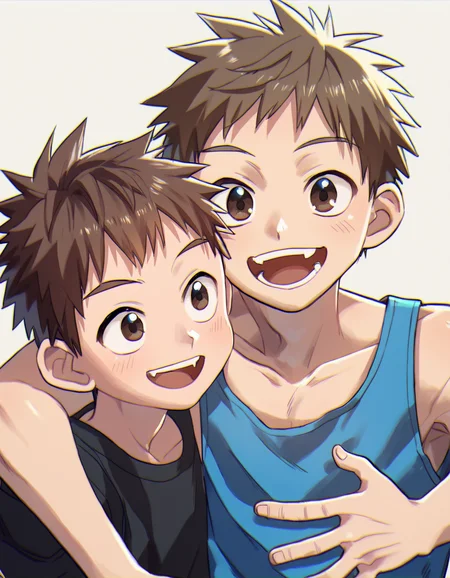 score_9, score_8_up, score_7_up, score_6_up, source_anime, simple background, 2boys, brown hair, brown eyes, t-shirt, tank top, hug, open mouth, smile <lora:a6_AMXL_v1g-ShoAI:1>