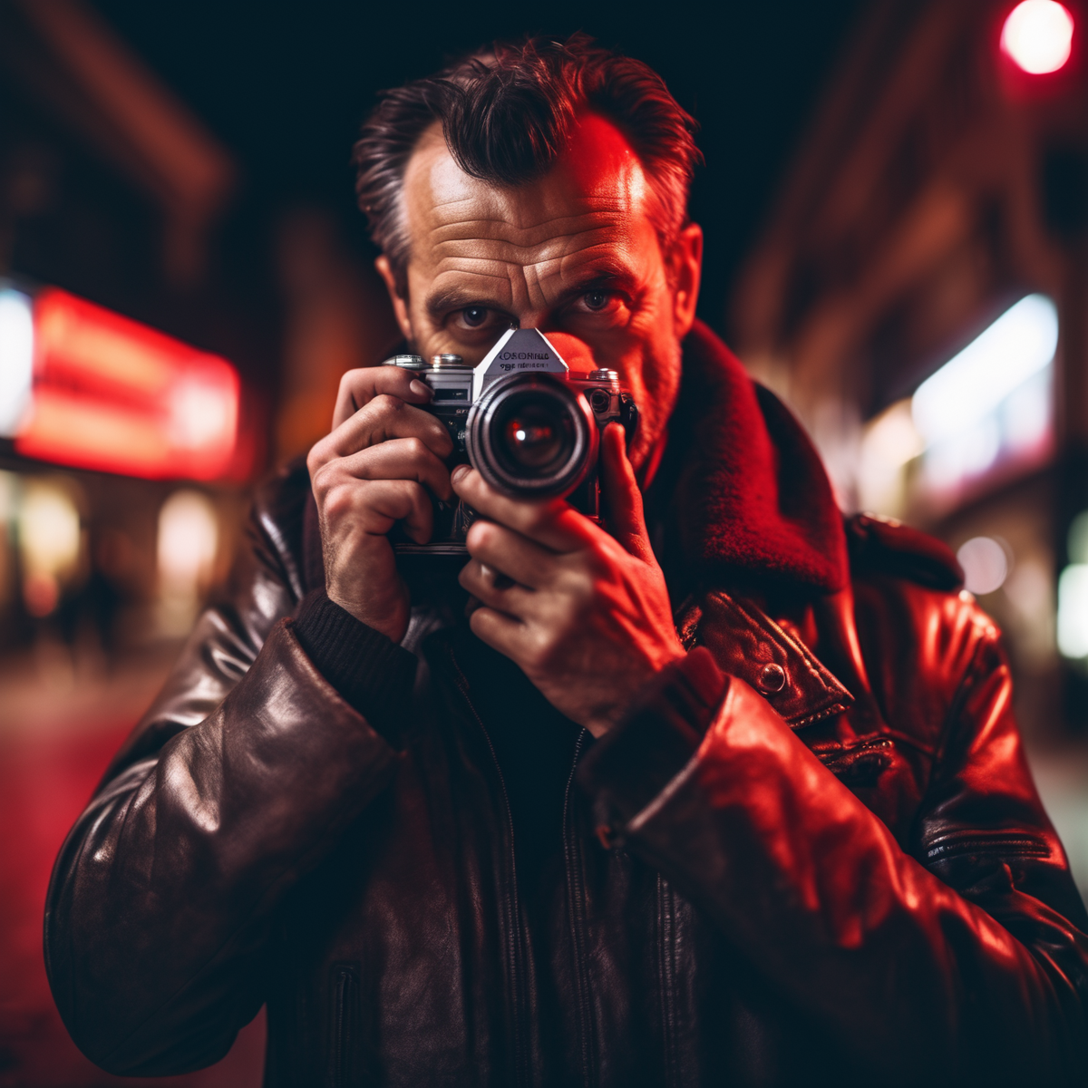 velumia close up portrait man photographer 40 years old in a leather jacket holding analog old camera at night in the city, cinematic, professional photo, very detailed red light <lora:velumia:1>