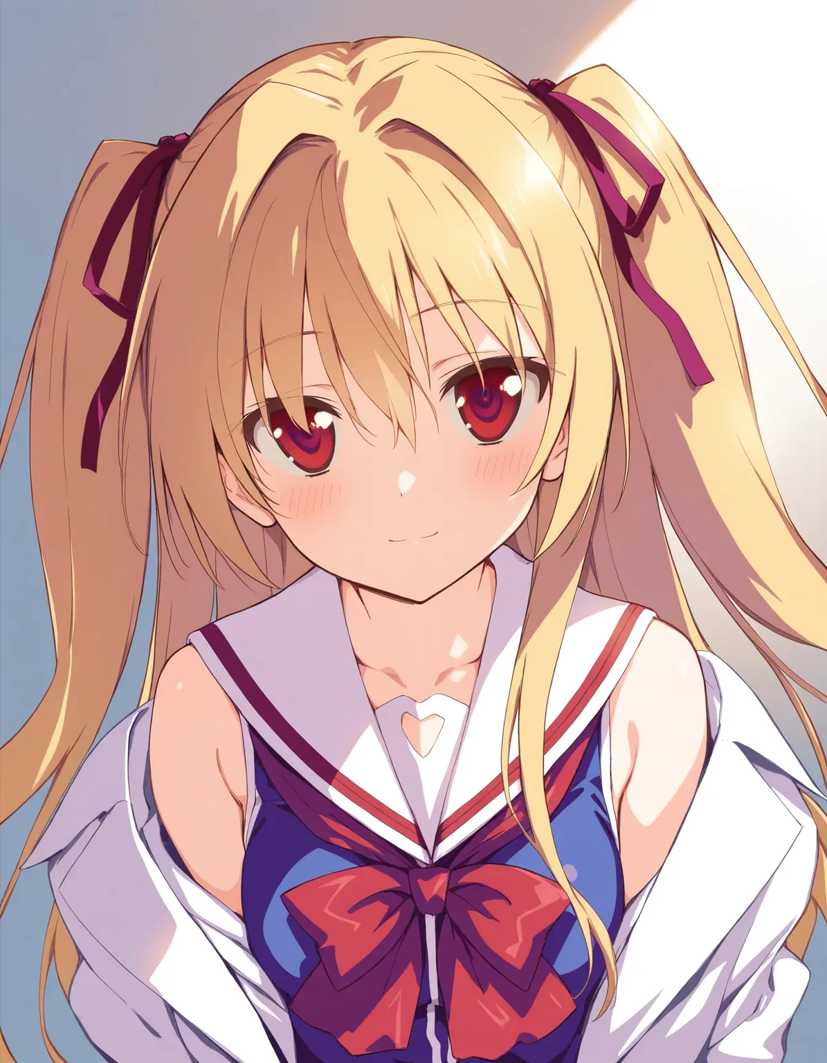 masterpiece, high score, great score, absurdres, 1girl, nikaidou shinku, blonde hair, two side up, <lora:nikaidou_shinkuAM4:1.0>,lab coat,school uniform, pleated skirt,light smile, bare shoulders, portrait, straight-on,