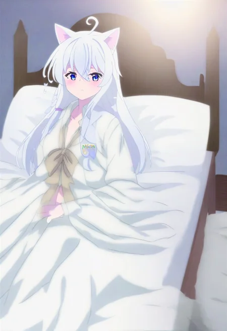 Elaina from majo no tabi tabi, White haitr, Blue eyes, cat ears((in the room, bedroom, at night)) HD, FULL HDR, 4k quality