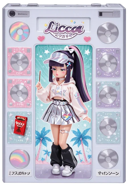 ((fullbody)) 1girl, solo, solo female, ((Licca-chan : 1.2)), moe, kawaii, cute, doll_joints, long hair, flat hair, straight hair, blunt bangs, hime bangs, long sidelocks, high ponytail, dark purple shiny hair, (small stars in hair), narrowed eyes, bright green eyes, blush, full face blushing, makeup, eye makeup, silver holographic glittery eyeshadow, eyeliner, mascara, colored eyelashes, detailed lips, (shiny glossy lips), light red lipgloss, white nail polish, calm, pursed lips, holding, holding food, pocky box, holding pocky box, (harajuku fashion), white holographic pastel rainbow logo print hoodie, long sleeves, (pastel rainbow sports stripes on white long sleeves), silver shiny belt, silver shiny chains, chain belt, white sequined heart-shaped belt buckle, silver holographic pleated miniskirt, bows, small bows, black bows, white bows, multiple bows, hair ribbon, hair ornaments, black glossy visor cap, white star-shaped hair ornament, x shaped hair ornament, hairclips, cute pastel hairclips, white choker, o-ring pendant, white iridescent thigh strap, heart o-ring, fishnets, white fishnets, white fishnet pantyhose, black baggy leg warmers, pastel mint green rainbow holographic platform sneakers, (detailed background, detailed scenery : 1.1), (collage), sticker diary page, (cassette tape, CDs, CD players, radio, polaroid camera, stickers, too many stickers, decals, palm tree-shaped stickers, hearts, stars, rainbows, cute doodles, text, white ribboned frame)