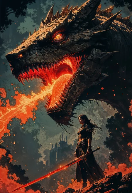 highest details, ultra hyper realism. highly detailed and realistic. intricate and highly professional artwork, an absolute masterpiece. hyper realistic and highly detailed, highly dynamic cinematic close up shot, an alluring young woman holding an extremely long red glowing sword and standing next to a dragon with a colossal shark and dragon mixture head exhaling blazing fire, dark fantasy art, dark, high-contrast concept art, UHD, Jormungandr, oil painting DnD, Dungeons and Dragons card art, portrait DnD, dark ocean blue and ruby red tint