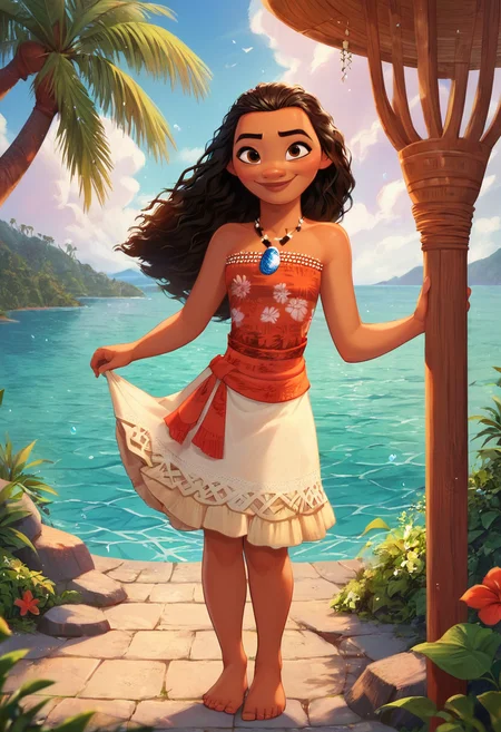 masterpiece,best quality, highly detailed, score_9, score_8_up, score_7_up, score_6_up,<lora:xl_more_art-full_v1:0.8>,
BREAK
 <lora:moanaXL:0.8>moana,1girl, barefoot, solo, long hair, jewelry, dark skin, dark-skinned female, necklace, outdoors, smile, holding, tree, skirt, day, brown hair, bare shoulders, black hair, water, brown eyes
