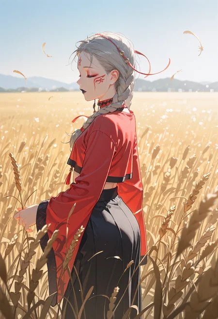 (high_quality, newest, incredibly_absurdres, very aesthetic, zbrush_\(artwork\), digital_painting_\(artwork\), flat_colors, anime_coloring)
(HVC-Illu, 1girl, solo, side_braids, makeup, black_lips, red_shirt, wheat_field, crop_top, wide_sleeves, high_waisted_bottomwear, jewelry, feathers, skirt, closed eyes, jewelry, grey hair, twin braids, tattoos, outdoors, long sleeves, facial mark, facial tattoo)