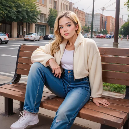Score_9_up, score_8_up, score_7_up, (masterpiece, best quality, high quality, realistic, ultra detailed), hyperrealistic, (UHD quality details), 1girl, fleece_jacket, sitting , sitting on bench, blonde hair, jeans, denim, hi-top sneakers, street, sunshine, depth of field, 8k uhd, absurd res, volumetric lighting, beautiful composition, intricate detail, professional photography