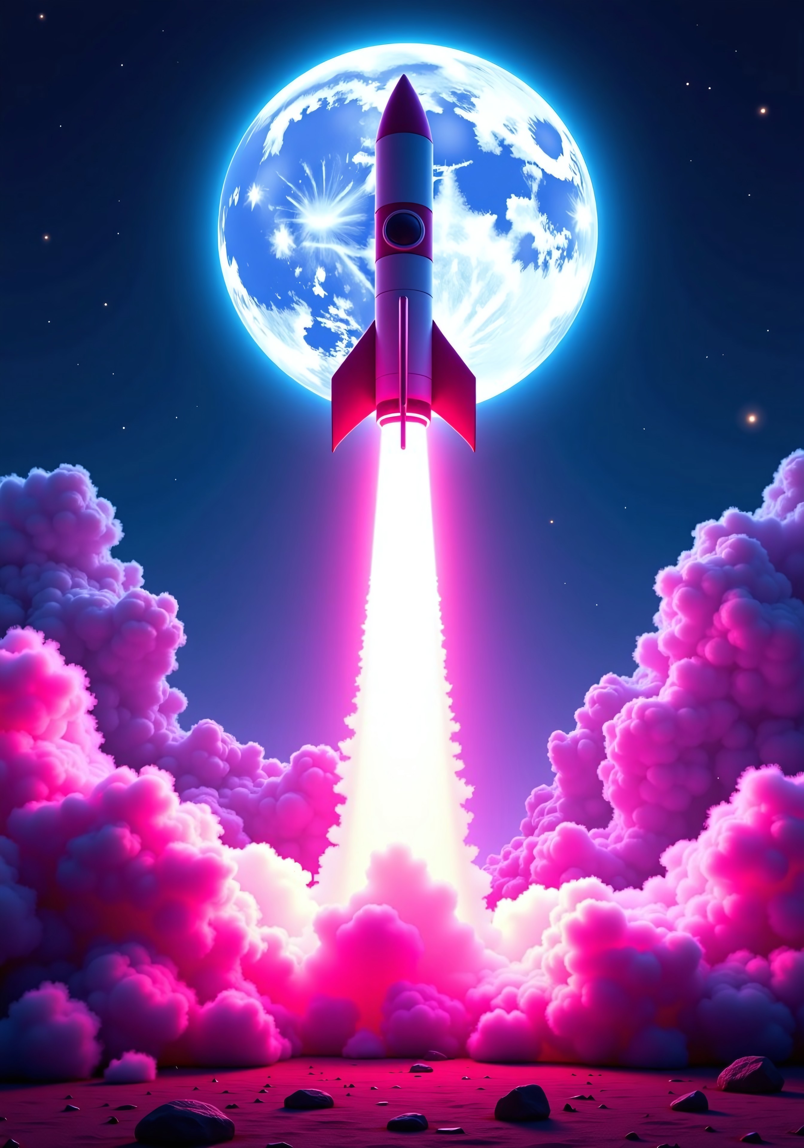 aidmaimageupgrader, a high quality digital synthwave style image of a retro rocketship taking off, we see the rocket from medium distance, the rocket is bright and vibrant, the exhaust flame is a vibrant neon pink in a synthwave style, the moon is a vibrant neon cyan