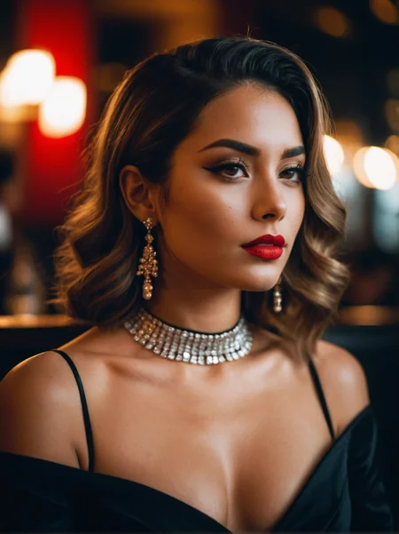 A dynamic cinematic photograph of Juliana_Conti_P_MXAI_SDXL , shy expression, wearing a sequin dress, wearing a diamond choker, red lips, dramatic makeup, sitting in a restaurant, holding a glass of wine, medium closeup shot,, SK_CINEMATIC, ziprealism