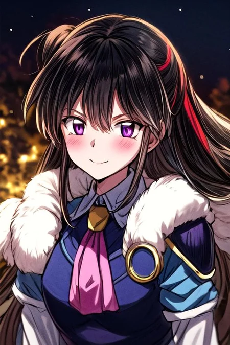masterpiece,  best quality 1girl Setsun4 solo long hair,  (night time) forest background black hair very long hair purple eyes multicolored hair armor (fur trim) (medium body),<lora:EMS-179-EMS:0.800000>,<lora:EMS-293862-EMS:0.800000> bow, hair_bow, hair_tubes, red_bow, brown_hair, long_hair, bangs, ascot, frilled_bow, yellow_ascot, blush, smile, hair_between_eyes, athletic